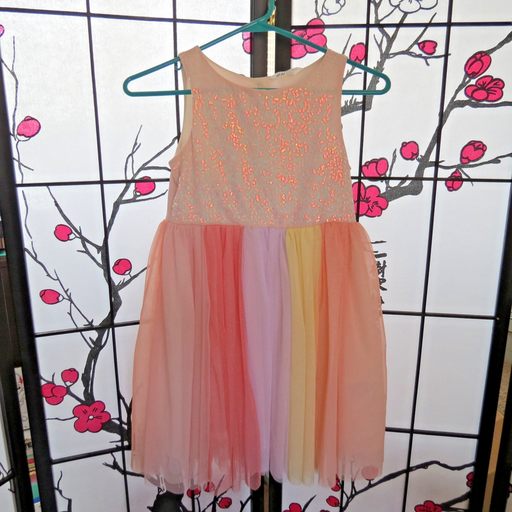 H&M Girls Sequin Bodice Rainbow Tulle Party Dress Pink Rose Gold Size 7-8